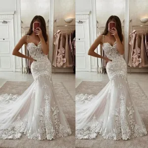 Mermaid Wedding Dresses for Bride Lace Beach Tulle Applique V-Neck Boho Bridal Dress for Bride with Train