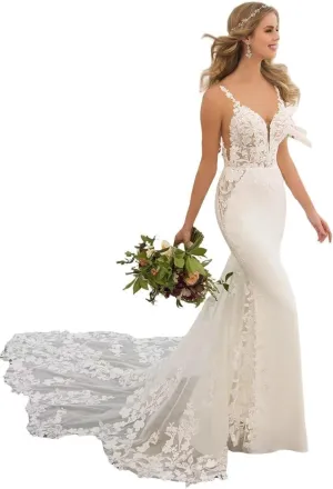 Mermaid Wedding Dresses for Bride Lace Beach Tulle Applique V-Neck Boho Bridal Dress for Bride with Train