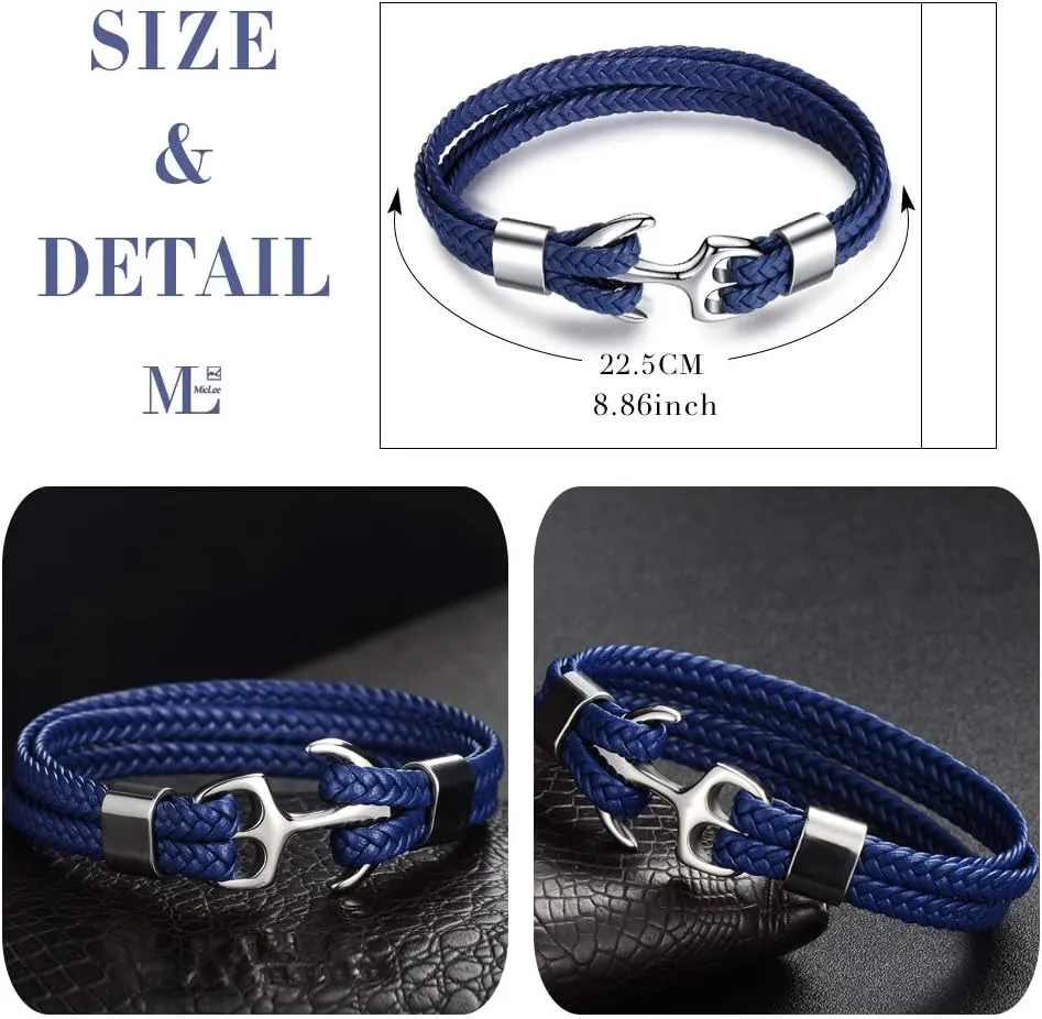 MicLee Men's Handmade Leather Bracelet Multilayer Vintage Anchor Bracelet Cuff Wrap Rope Wristband with Gift Box