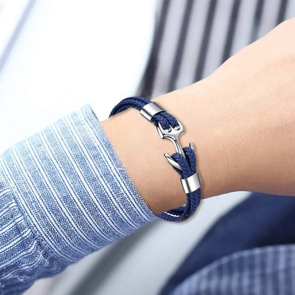 MicLee Men's Handmade Leather Bracelet Multilayer Vintage Anchor Bracelet Cuff Wrap Rope Wristband with Gift Box