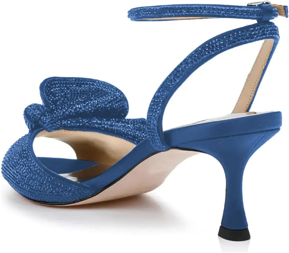 Milooey shoes Womens Glitter Rhinestone Bow Heeled Sandal Elegant Crystal Ankle Strap Kitten Heels Open Toe Dress Wedding Party Evening Shoe Size 4-16 US