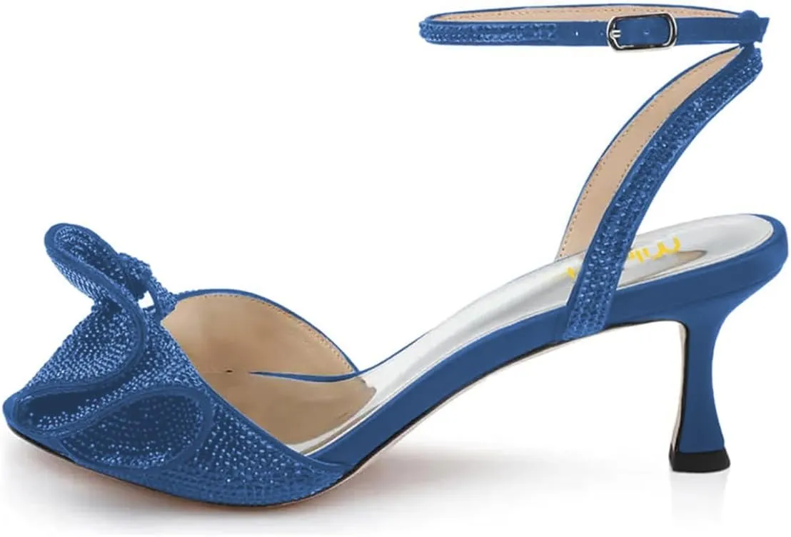 Milooey shoes Womens Glitter Rhinestone Bow Heeled Sandal Elegant Crystal Ankle Strap Kitten Heels Open Toe Dress Wedding Party Evening Shoe Size 4-16 US