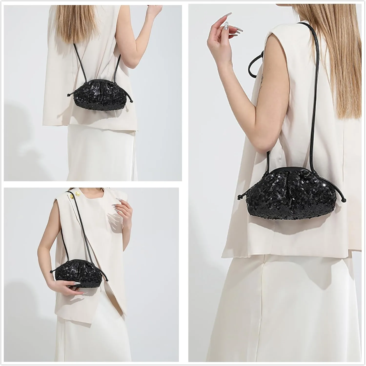 MINGSEECESS Women Fashion Cloud-Shaped Dumpling Bag Metallic Ruched Crossbody Cell Phone Bag Clutch Shoulder Handbag