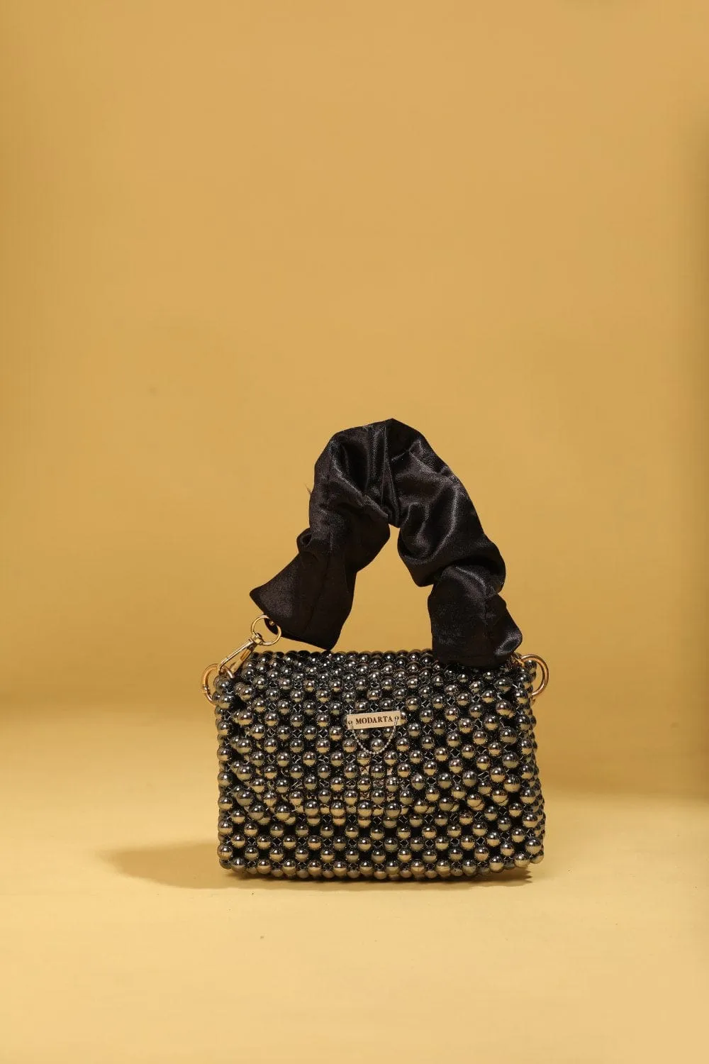 Mini Black Pearl Handbag With Satin Handle, Beaded Evening Bag For Women