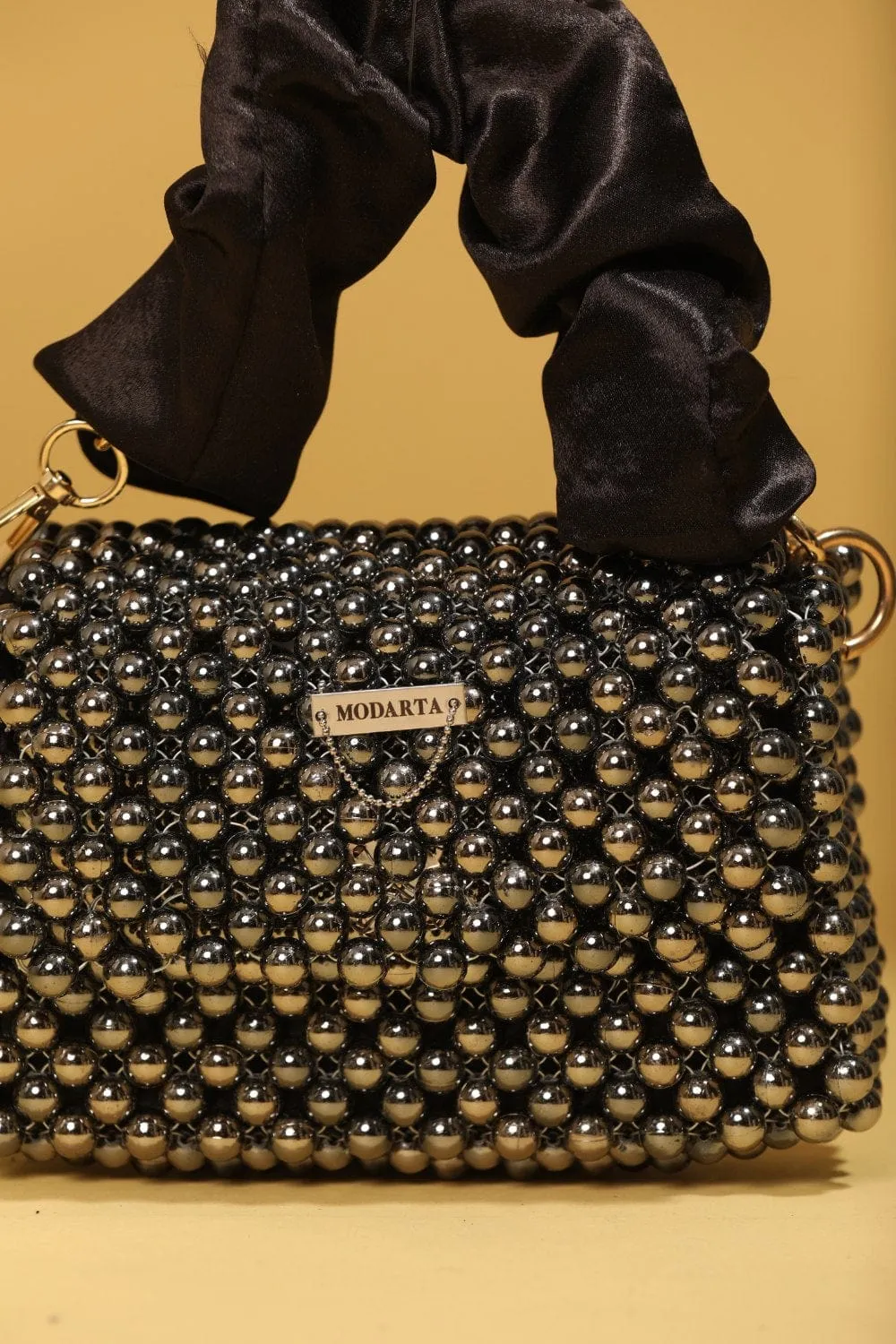 Mini Black Pearl Handbag With Satin Handle, Beaded Evening Bag For Women