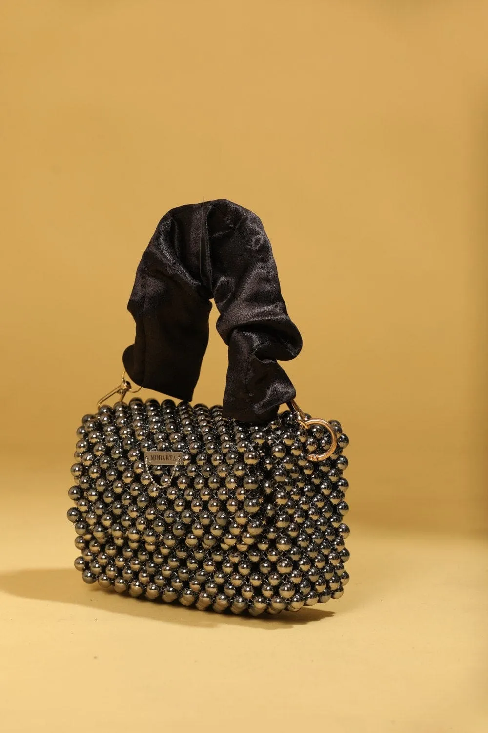Mini Black Pearl Handbag With Satin Handle, Beaded Evening Bag For Women