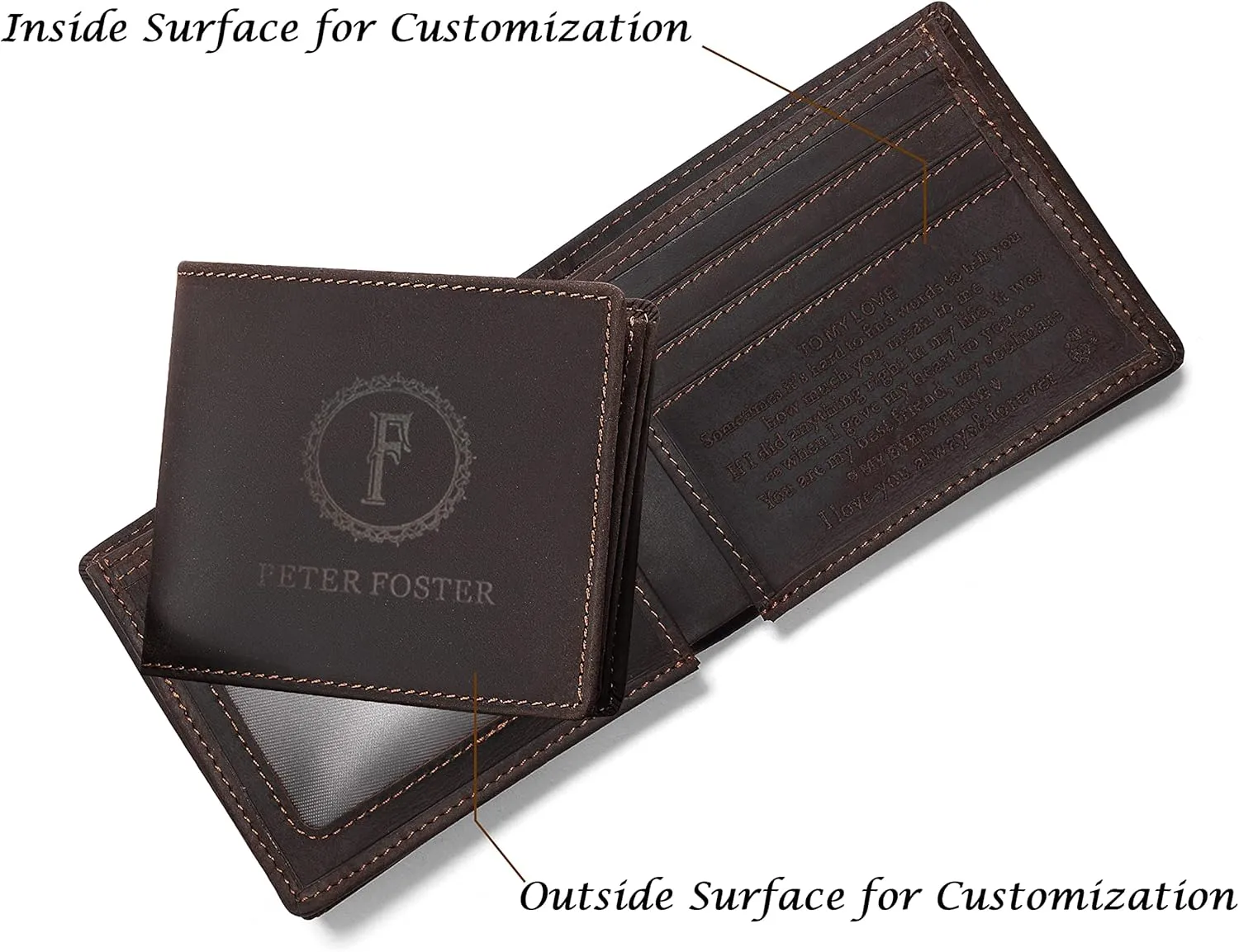 Minimalist Custom Engraved Leather Wallet for Husband Boyfriend Dad Son - Men Personalized RFID Blocking Bifold Wallets - Birthday Christmas Valentines Father Day Graduation for Him