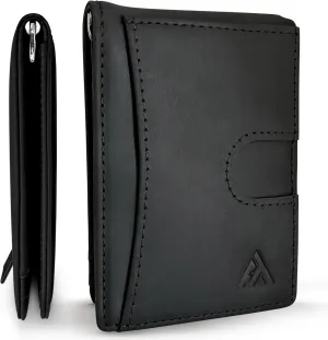 Minimalist wallet for men slim front pocket wallet with money clip combo bifold leather wallet with pull tab credit card holder RFID blocking (Hybrid, Black)