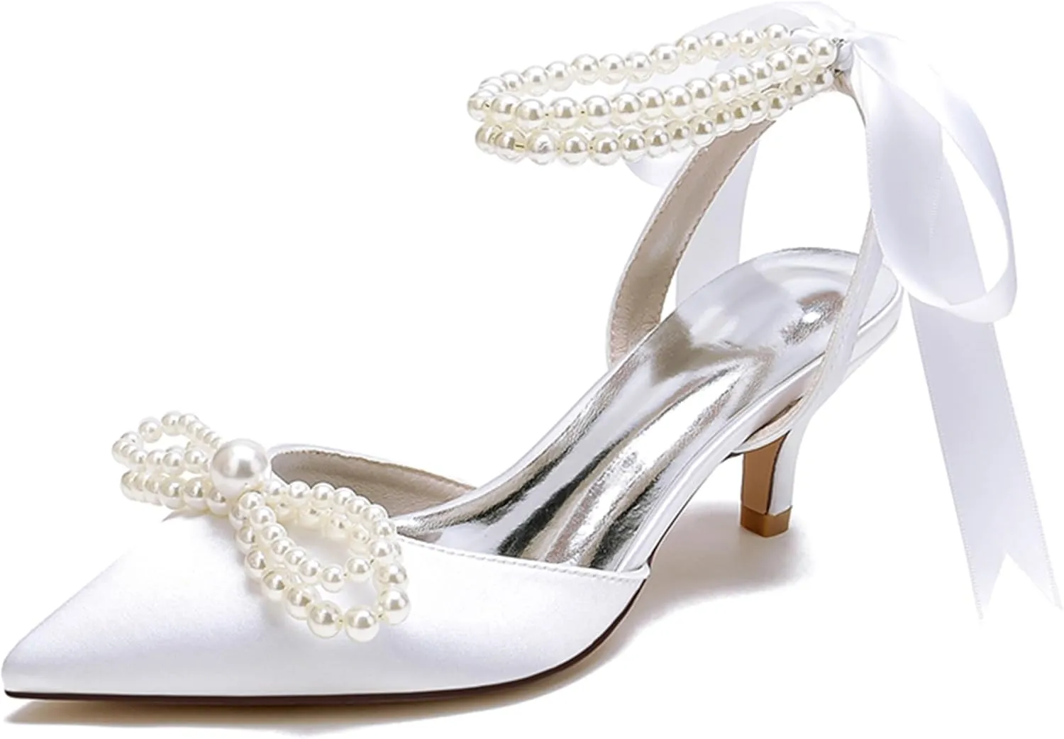 Minishion Bride Wedding Shoes Low Heel Beaded Evening Sandals Slingback Prom Pumps with Ribbon MS316