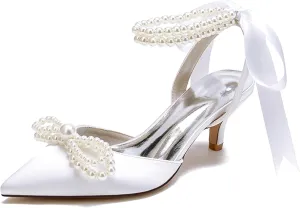 Minishion Bride Wedding Shoes Low Heel Beaded Evening Sandals Slingback Prom Pumps with Ribbon MS316