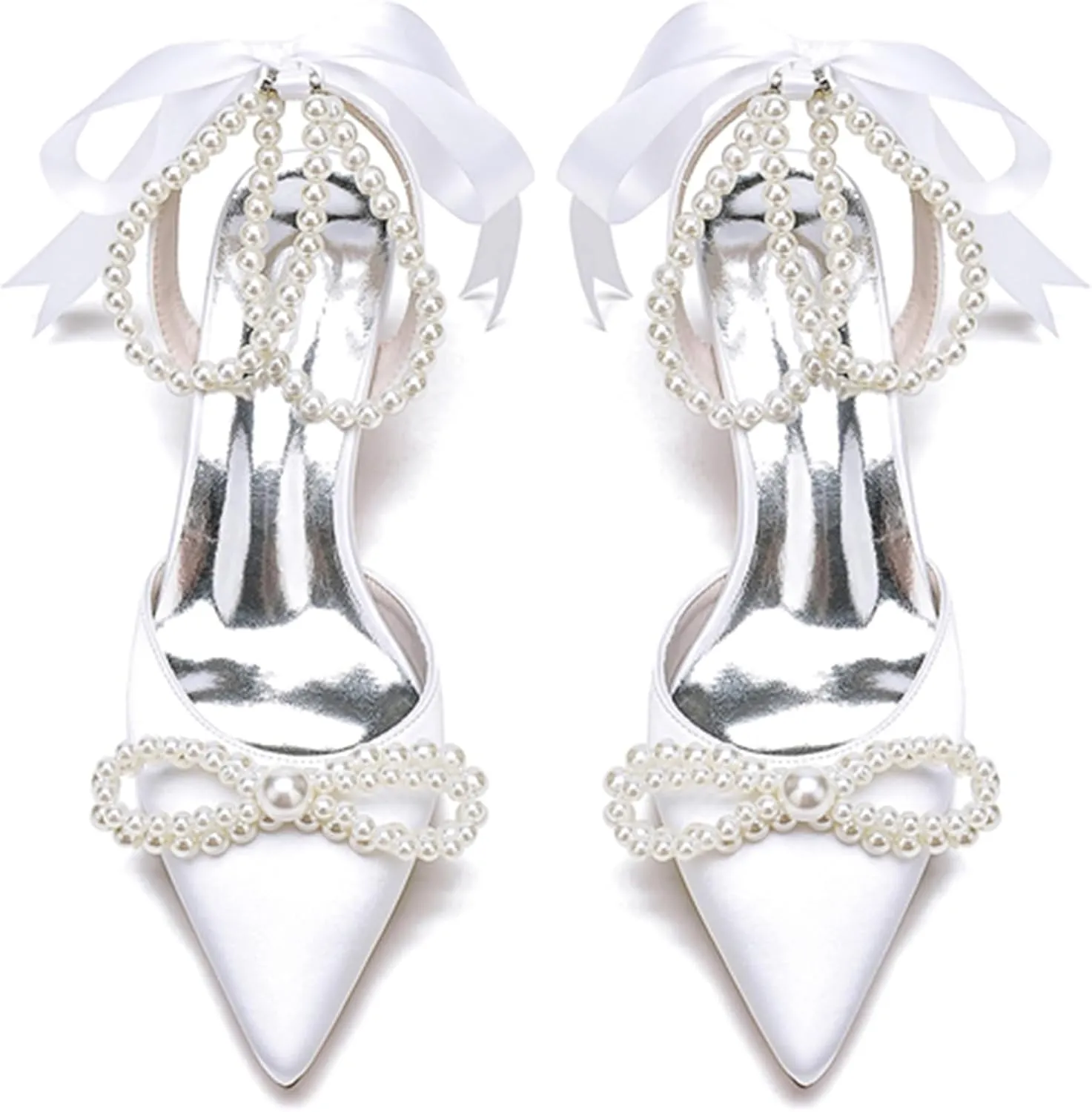 Minishion Bride Wedding Shoes Low Heel Beaded Evening Sandals Slingback Prom Pumps with Ribbon MS316