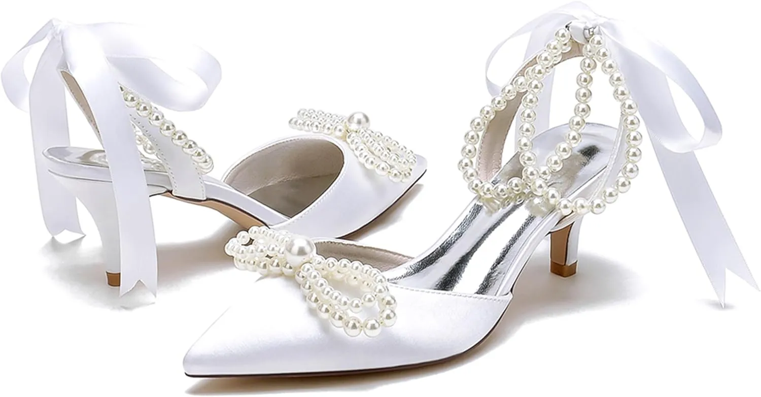 Minishion Bride Wedding Shoes Low Heel Beaded Evening Sandals Slingback Prom Pumps with Ribbon MS316