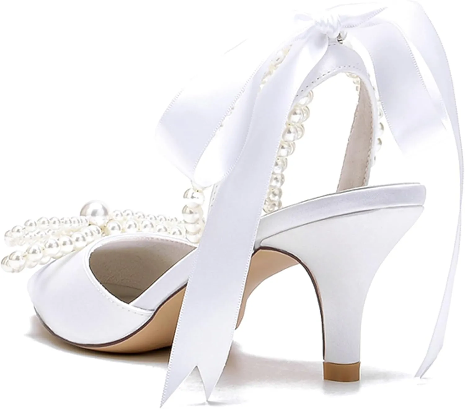 Minishion Bride Wedding Shoes Low Heel Beaded Evening Sandals Slingback Prom Pumps with Ribbon MS316