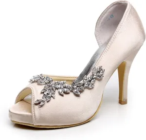Minishion GYMZ632 Womens Open Toe Kitten Heel Satin Bridal Wedding Applique Shoes