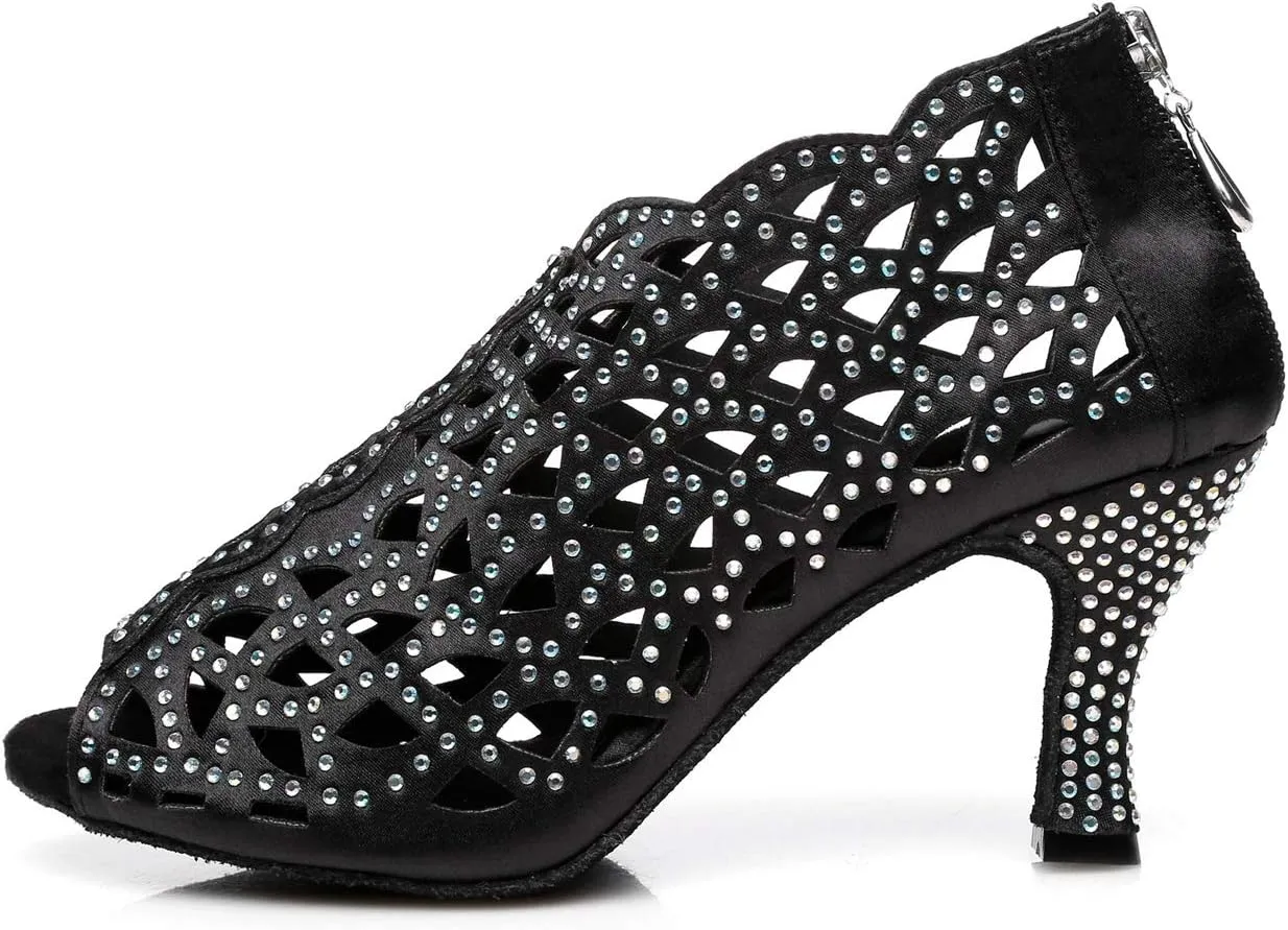 Minishion Women's Crystals Beaded Peep Toe Ballroom Dance Shoes Evening Prom Ankle Sandals Boots