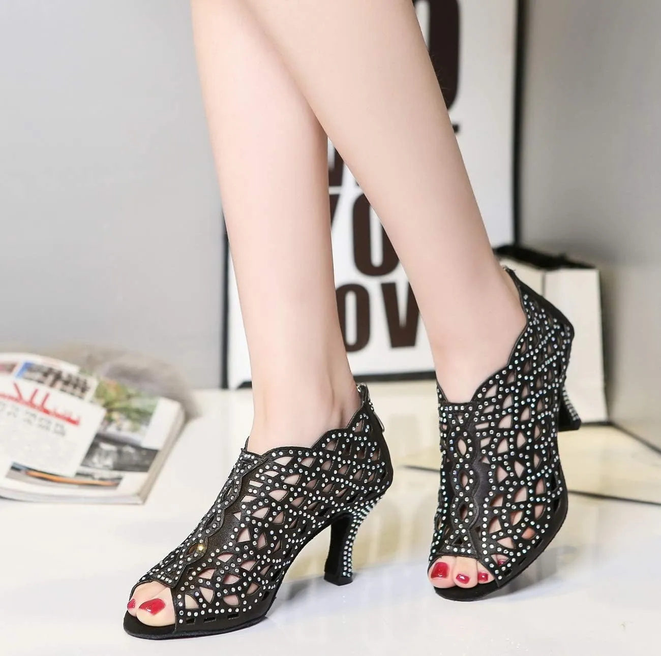Minishion Women's Crystals Beaded Peep Toe Ballroom Dance Shoes Evening Prom Ankle Sandals Boots