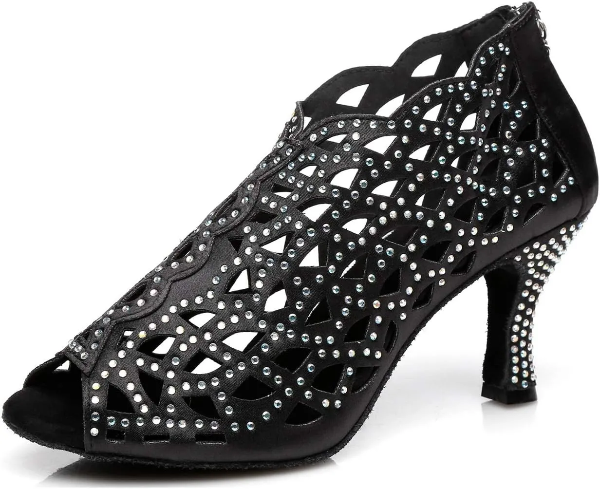 Minishion Women's Crystals Beaded Peep Toe Ballroom Dance Shoes Evening Prom Ankle Sandals Boots