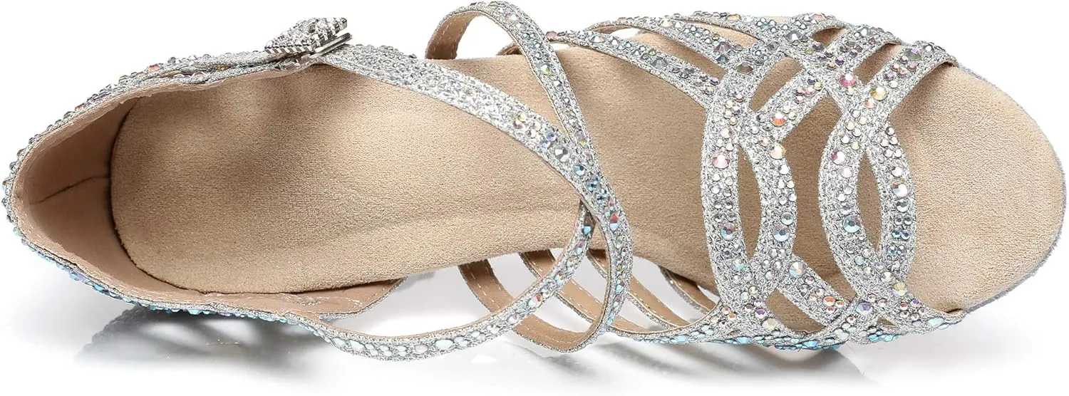 Minishion Women's Rhinestone Dance Shoes Ankle Strap Latin Salsa Dancing Heels