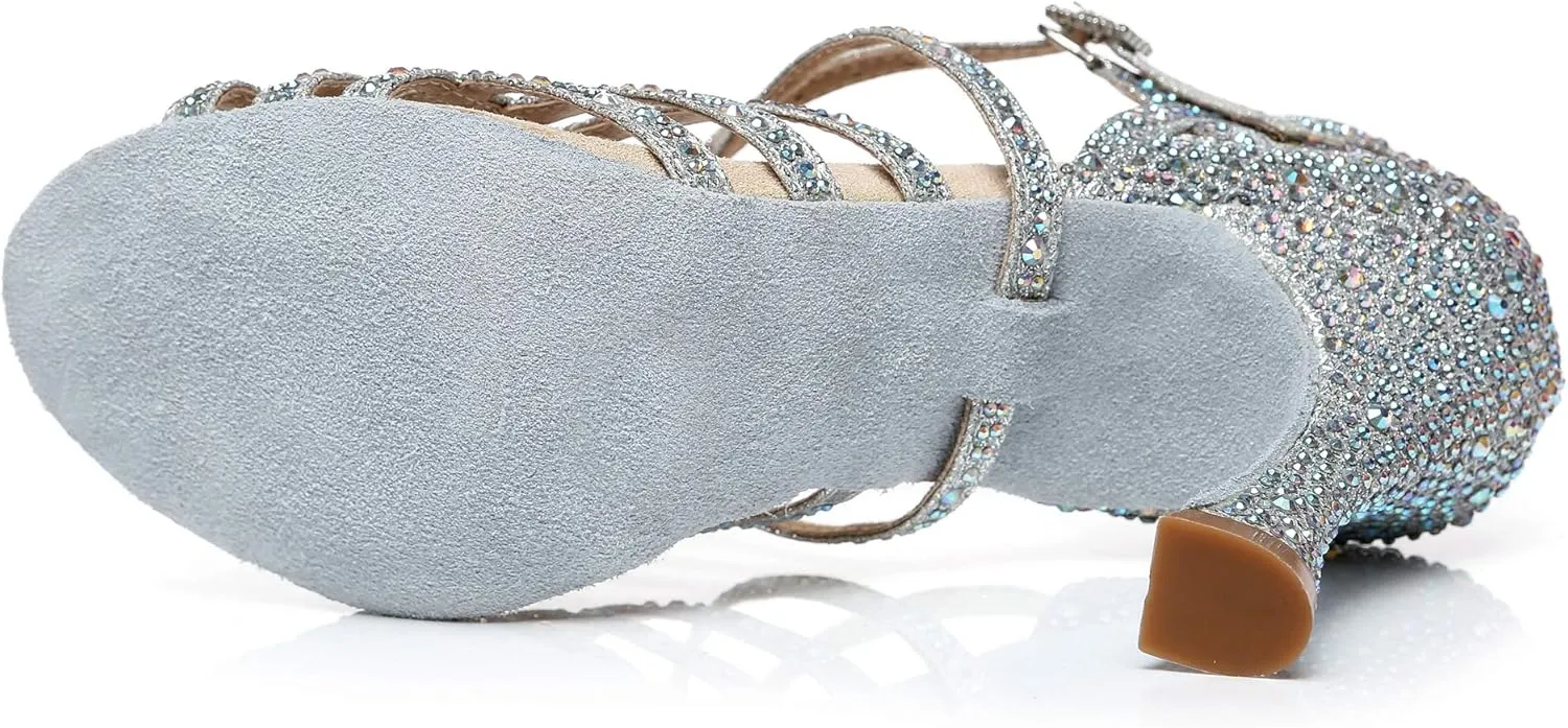 Minishion Women's Rhinestone Dance Shoes Ankle Strap Latin Salsa Dancing Heels