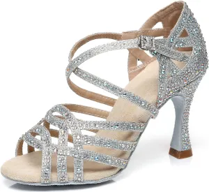 Minishion Women's Rhinestone Dance Shoes Ankle Strap Latin Salsa Dancing Heels