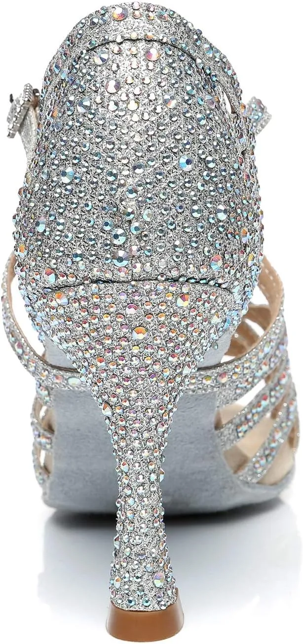 Minishion Women's Rhinestone Dance Shoes Ankle Strap Latin Salsa Dancing Heels