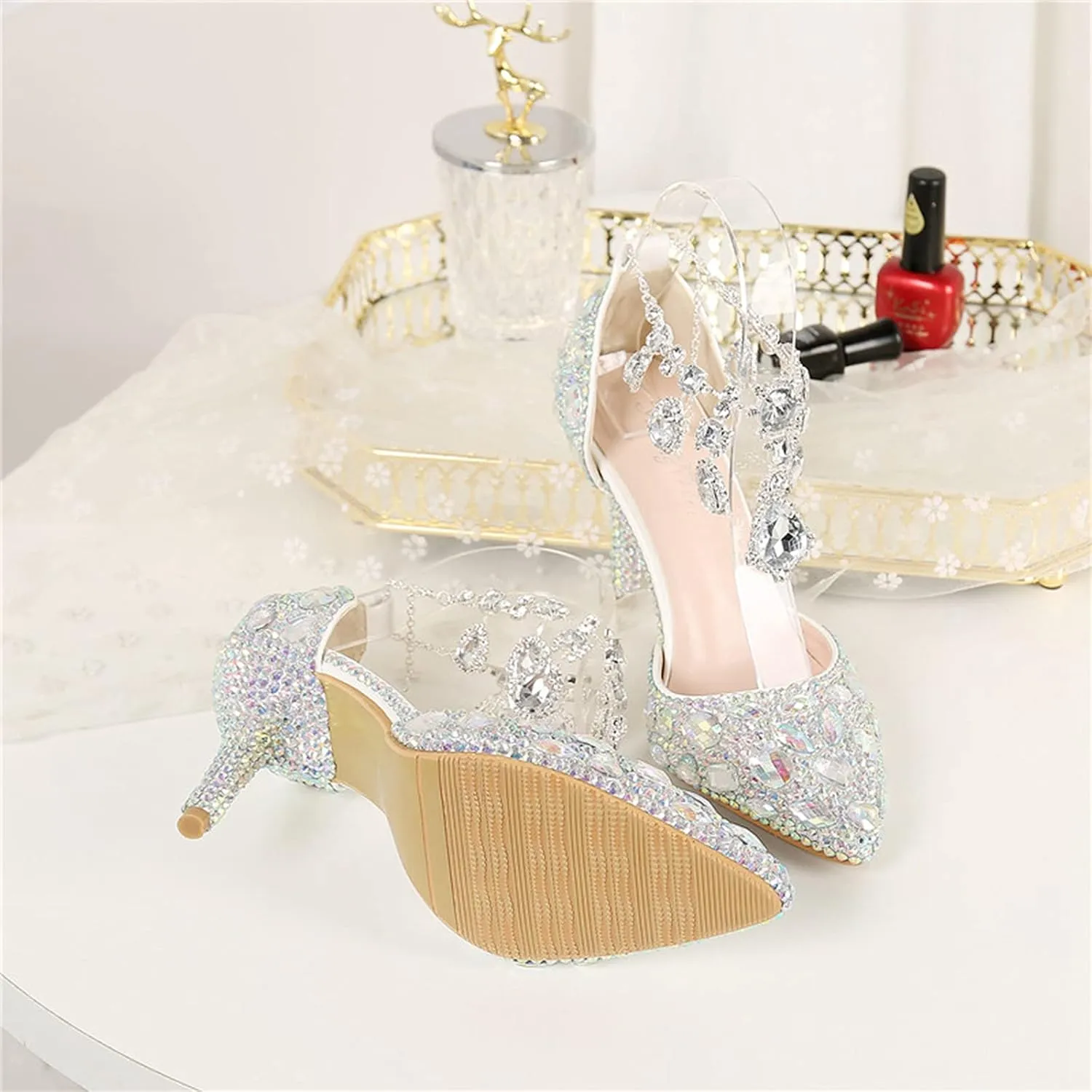 Minishion Womens Rhinestone Wedding Shoes Party Pumps with Ankle Chains