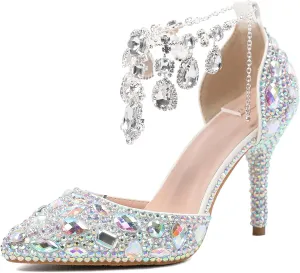 Minishion Womens Rhinestone Wedding Shoes Party Pumps with Ankle Chains