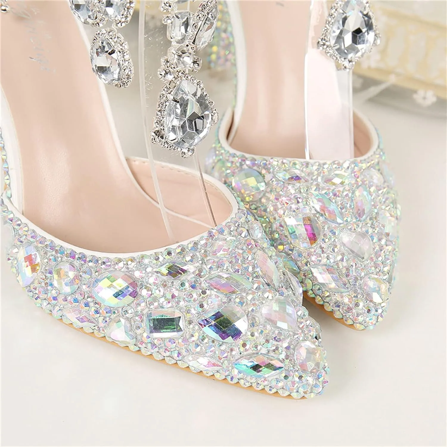 Minishion Womens Rhinestone Wedding Shoes Party Pumps with Ankle Chains