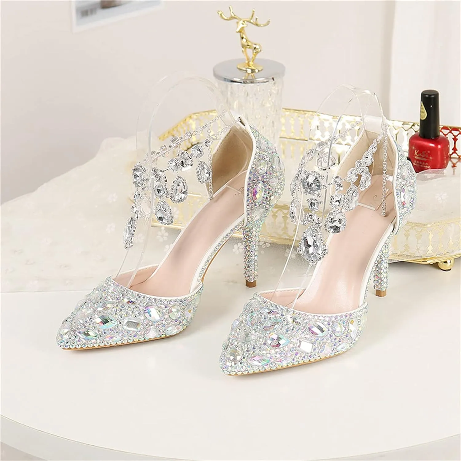 Minishion Womens Rhinestone Wedding Shoes Party Pumps with Ankle Chains