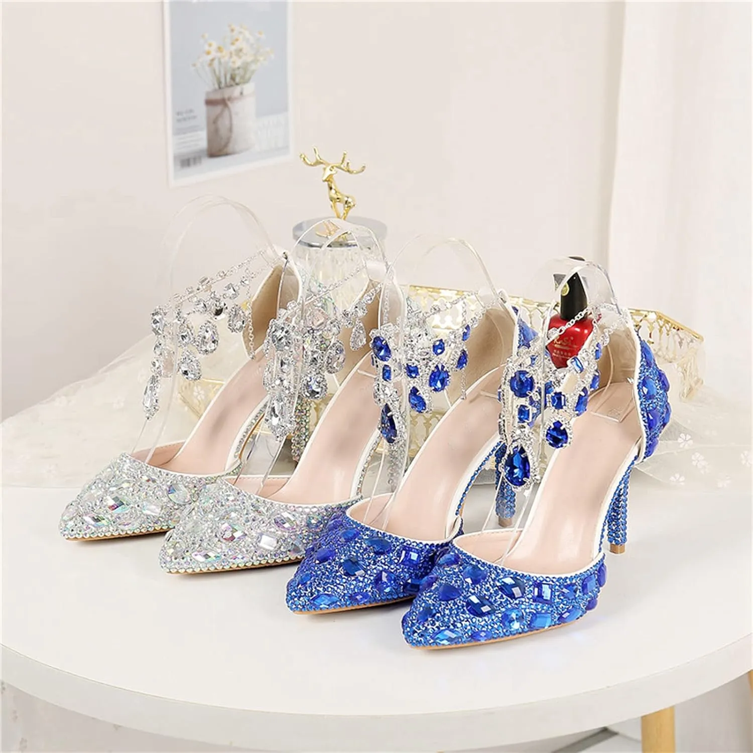 Minishion Womens Rhinestone Wedding Shoes Party Pumps with Ankle Chains