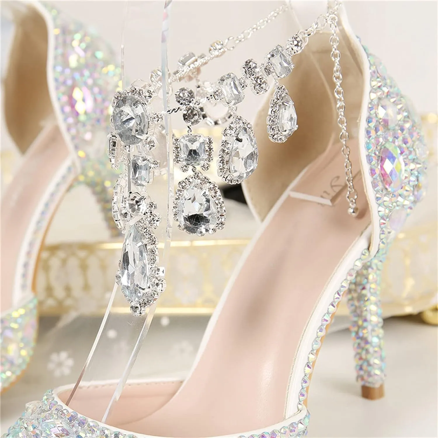 Minishion Womens Rhinestone Wedding Shoes Party Pumps with Ankle Chains