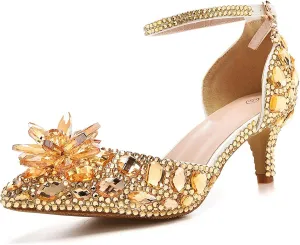 Minishion Womens Rhinestone Wedding Shoes Pumps with Flower Evening Prom Heels