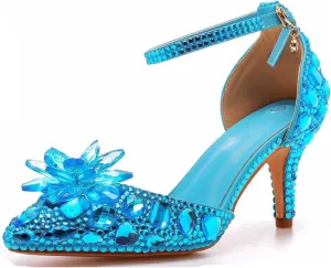 Minishion Womens Rhinestone Wedding Shoes Pumps with Flower Evening Prom Heels