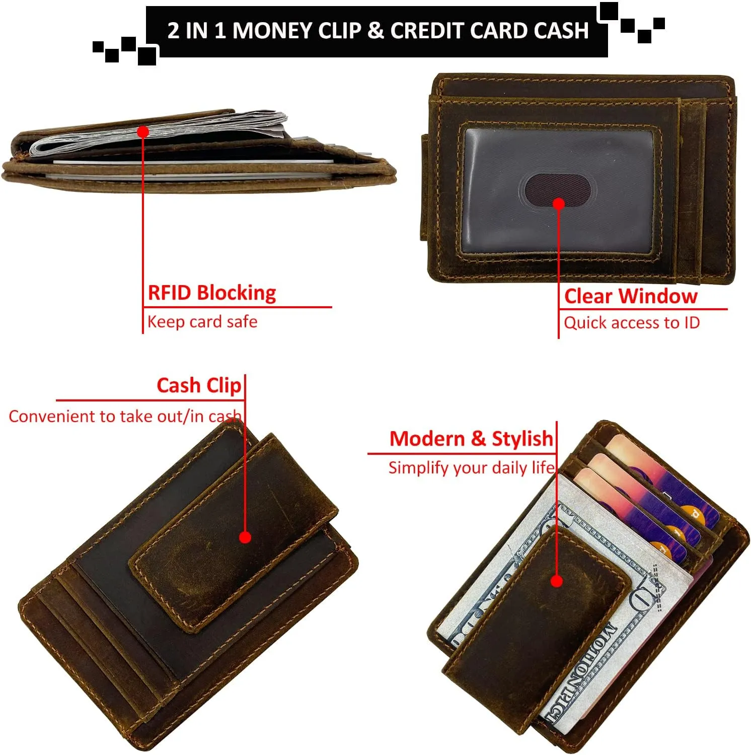 Money Clip RFID Front Pocket Wallet Men Leather Slim Minimalist Wallet