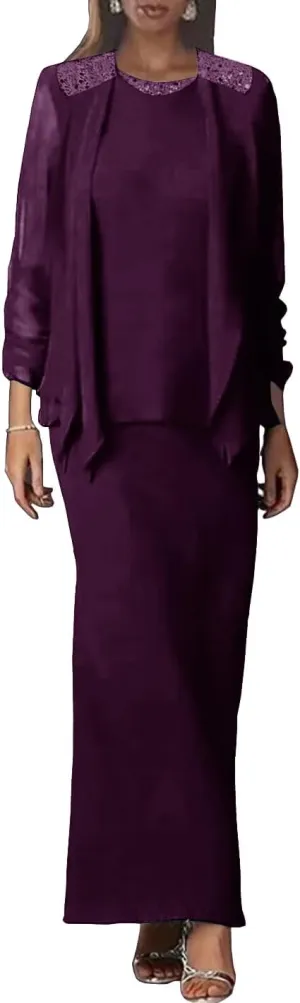 Mother of The Bride Dresses for Wedding Long Evening Formal Dresses Beaded Wedding Guest Groom Gowns with Ruched Jacket