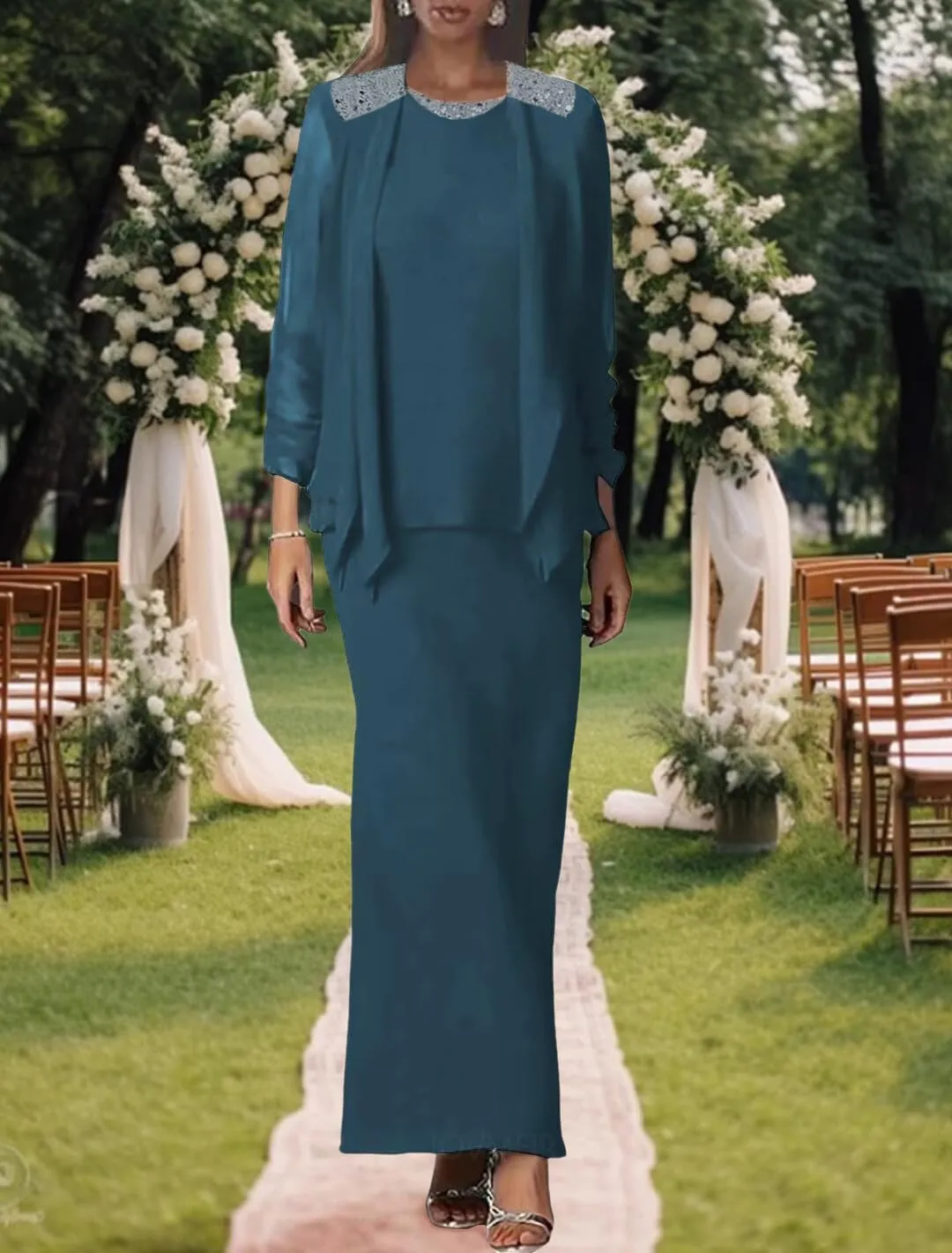 Mother of The Bride Dresses for Wedding Long Evening Formal Dresses Beaded Wedding Guest Groom Gowns with Ruched Jacket