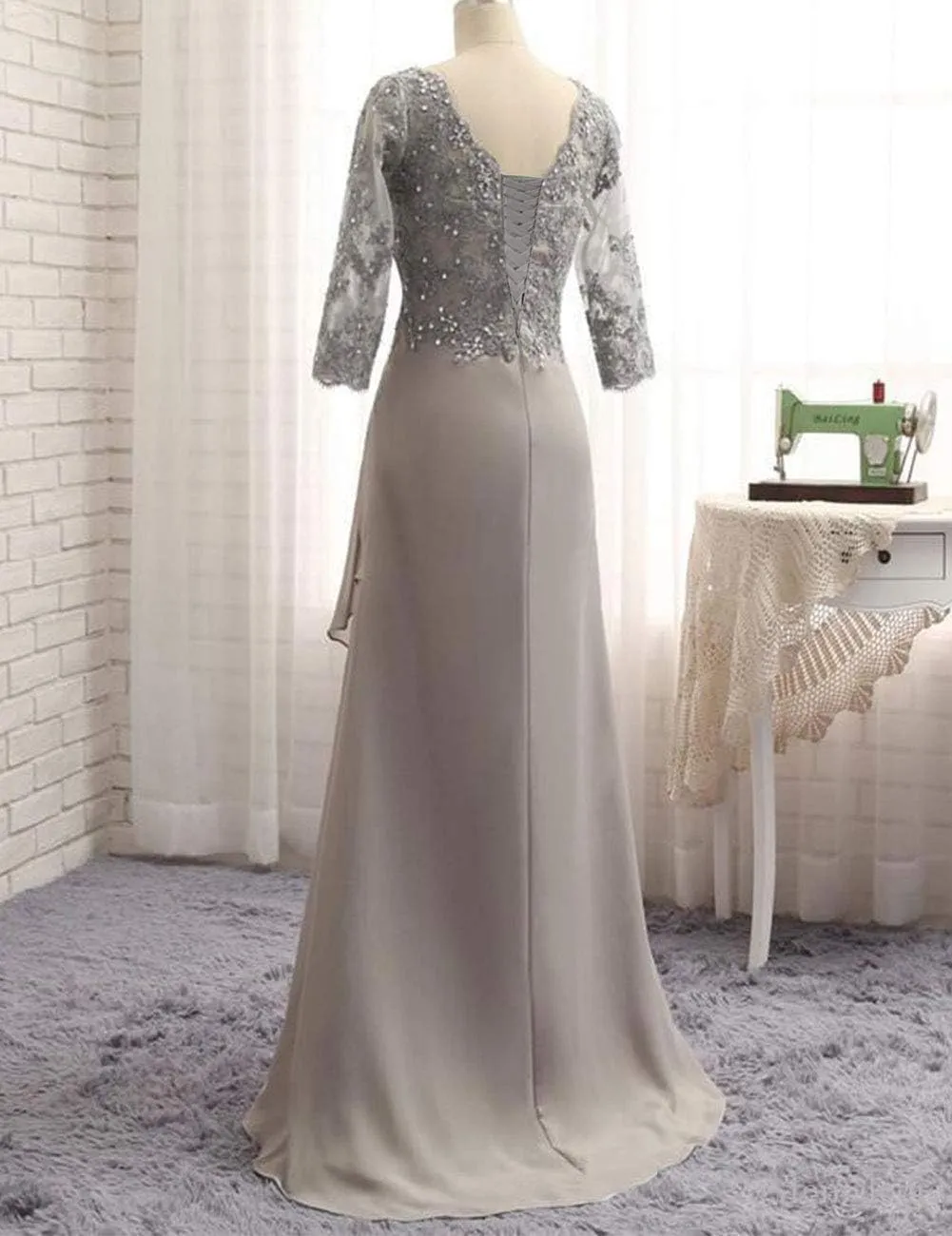 Mother of The Bride Dresses Long Evening Formal Dress V Neck Wedding Guest Dresses for Women Ruffle Lace Applique Beaded