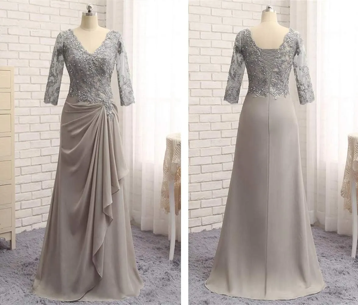 Mother of The Bride Dresses Long Evening Formal Dress V Neck Wedding Guest Dresses for Women Ruffle Lace Applique Beaded