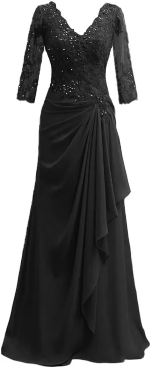 Mother of The Bride Dresses Long Evening Formal Dress V Neck Wedding Guest Dresses for Women Ruffle Lace Applique Beaded