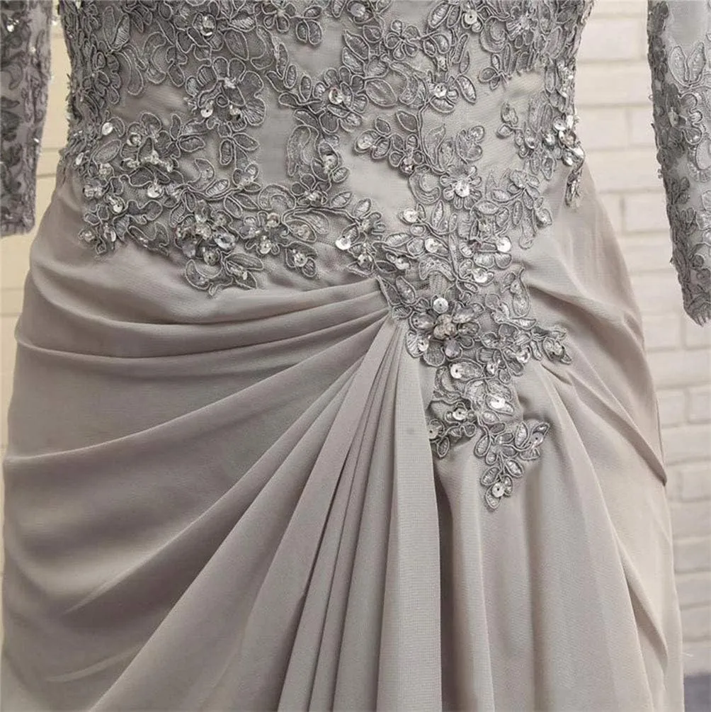 Mother of The Bride Dresses Long Evening Formal Dress V Neck Wedding Guest Dresses for Women Ruffle Lace Applique Beaded