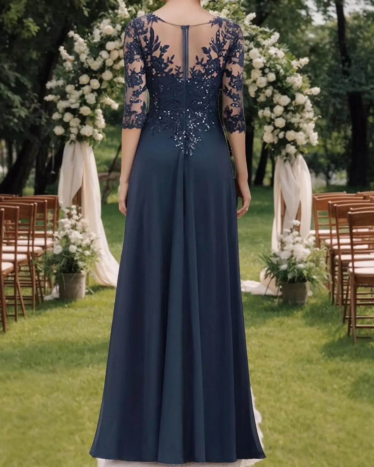 Mother of The Bride Dresses Long Evening Formal Dress V Neck Wedding Guest Groom Dress Beaded Lace Applique 3/4 Sleeve