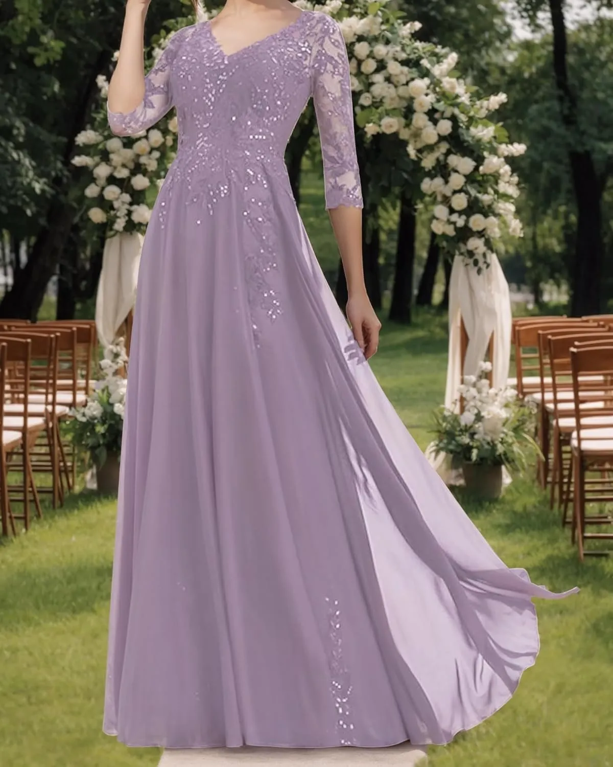 Mother of The Bride Dresses Long Evening Formal Dress V Neck Wedding Guest Groom Dress Beaded Lace Applique 3/4 Sleeve
