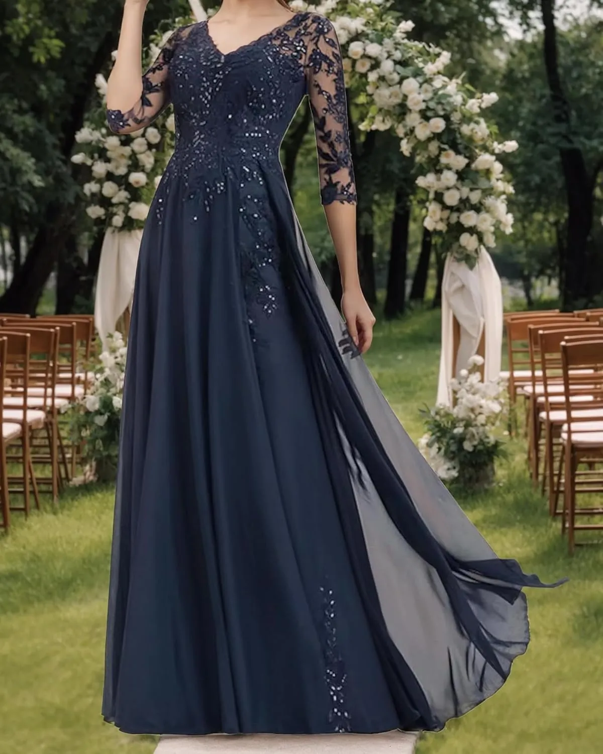Mother of The Bride Dresses Long Evening Formal Dress V Neck Wedding Guest Groom Dress Beaded Lace Applique 3/4 Sleeve