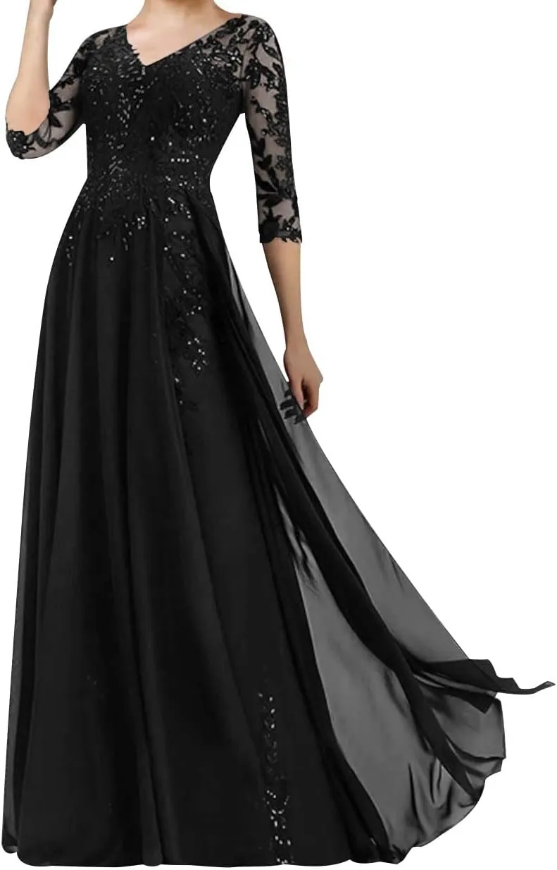 Mother of The Bride Dresses Long Evening Formal Dress V Neck Wedding Guest Groom Dress Beaded Lace Applique 3/4 Sleeve