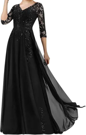 Mother of The Bride Dresses Long Evening Formal Dress V Neck Wedding Guest Groom Dress Beaded Lace Applique 3/4 Sleeve