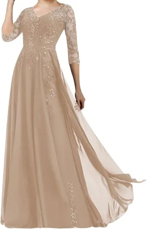 Mother of The Bride Dresses Long Evening Formal Dress V Neck Wedding Guest Groom Dress Beaded Lace Applique 3/4 Sleeve