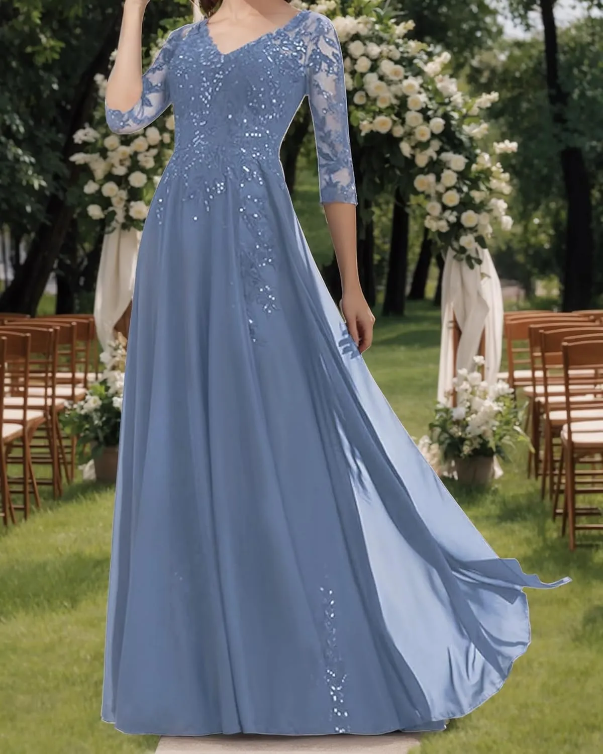 Mother of The Bride Dresses Long Evening Formal Dress V Neck Wedding Guest Groom Dress Beaded Lace Applique 3/4 Sleeve