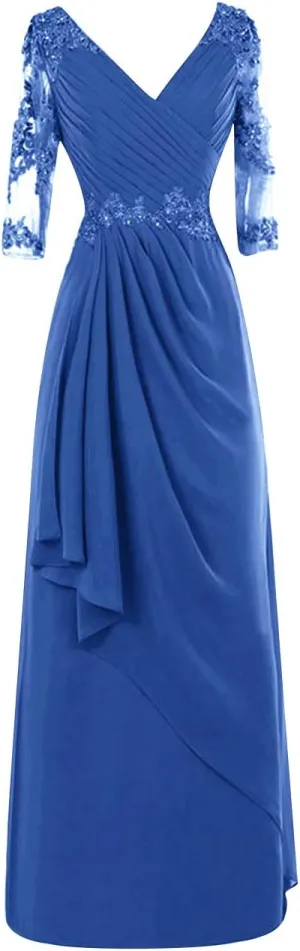 Mother of The Bride Dresses Long Evening Formal Gowns Lace Applique Wedding Guest Groom Beaded Ruffles 3/4 Sleeve Women