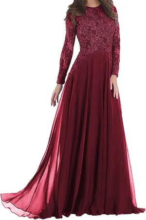 Mother of The Bride Dresses Long Evening Formal Gowns Long Sleeve Lace Applique Beaded for Women
