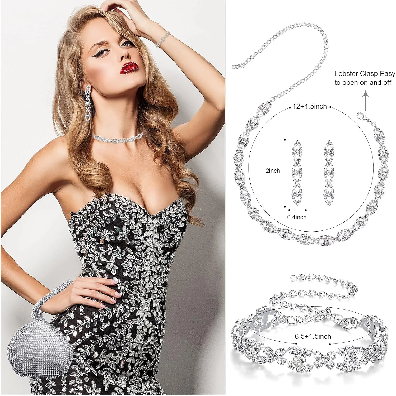 MTLEE 4 Pieces Rhinestone Necklace Choker Bracelet Earring Clutch Purses Jewelry Set Women Crystal Triangle Bling Diamond Purse Rhinestone Bag for Wedding Party